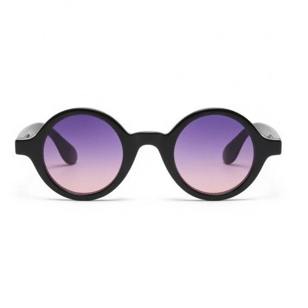 Mens Round Black Sunglasses Purple Gradient Lens Retro Circular Steampunk Shades